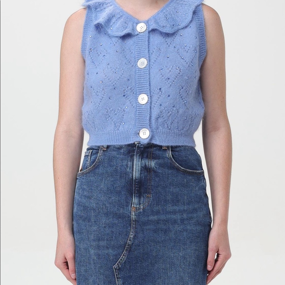 Alessandra Rich Crystal Embellished Ruffled-Neck Crop Knitted Sleeveless Sweater